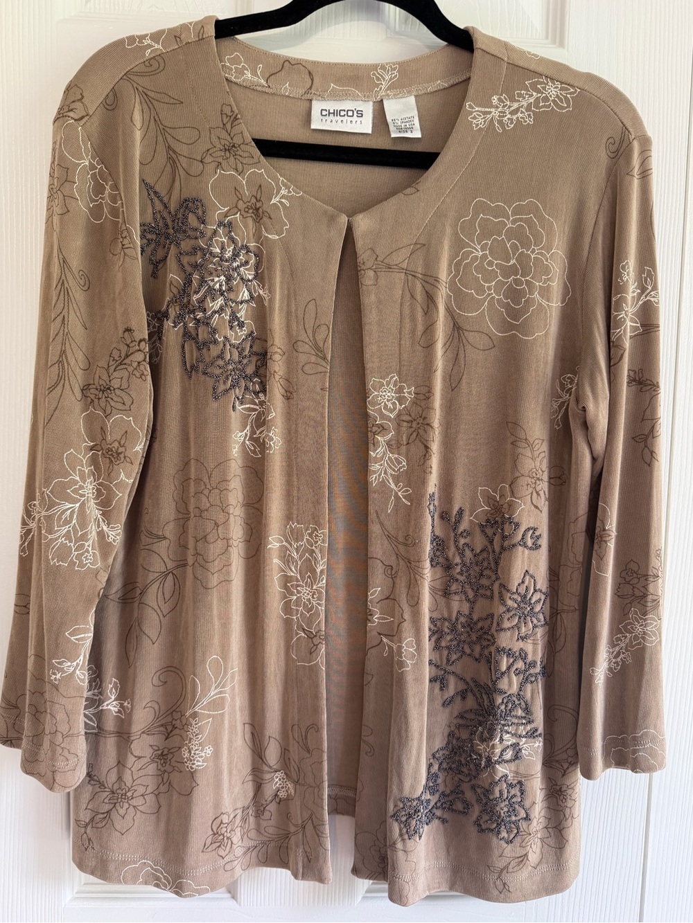Chico's Taupe Floral Open-Front Cardigan